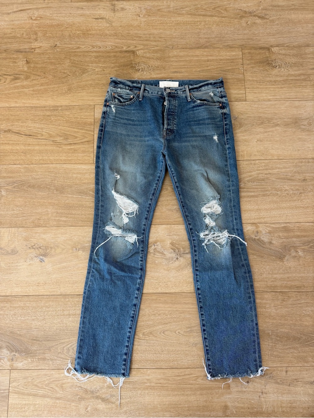 MOTHER Straight Leg Distressed Blue Jeans